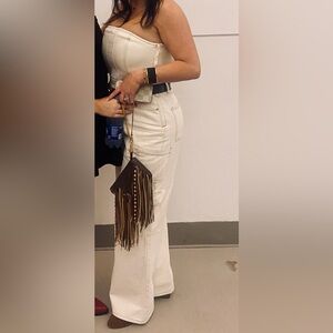 Women's Cream Tube Cargo Denim Jumpsuit